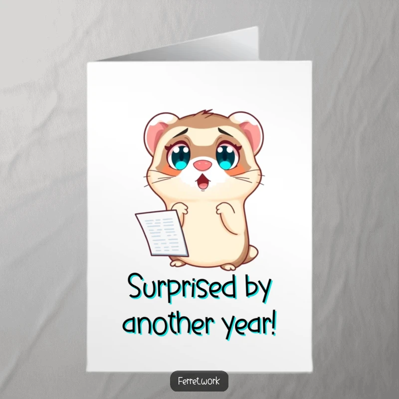 Funny Free Printable Birthday Card: Ferret with wide eyes, comically shocked by a complex spreadsheet, digital art.
