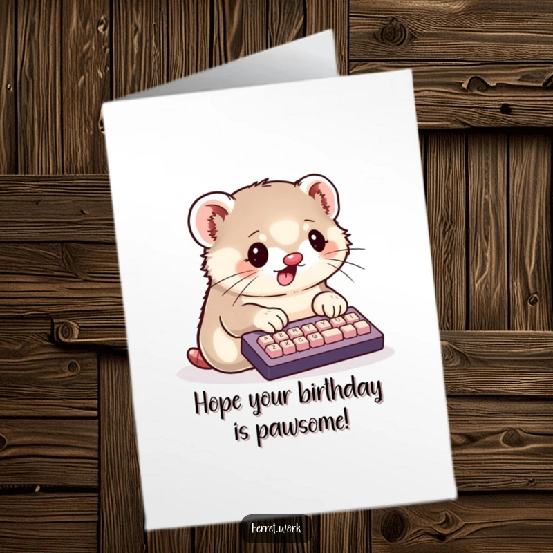 Funny Free Printable Birthday Card showing a kawaii ferret enthusiastically typing on a tiny keyboard with its paws.