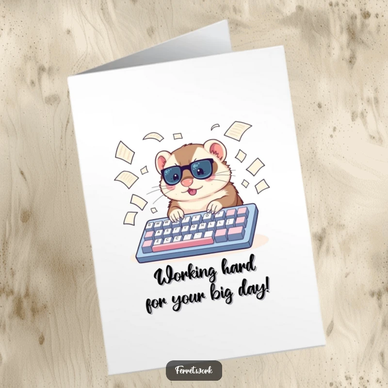 Funny Free Printable Birthday Card: A ferret types furiously on a huge keyboard, papers flying, perfect for a busy birthday.