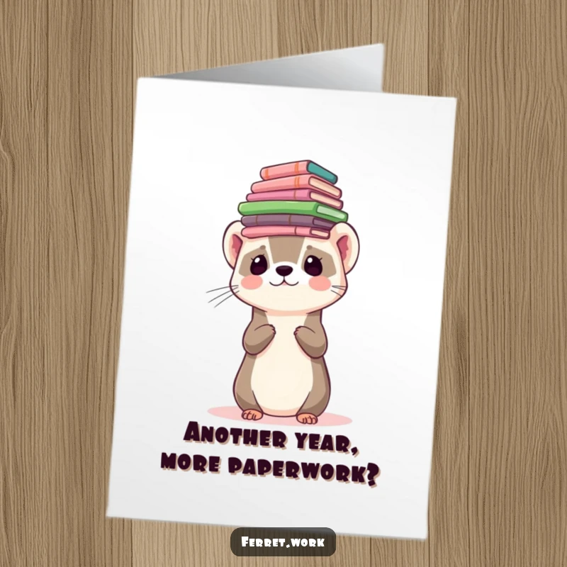 Funny Free Printable Birthday Card: A determined ferret balancing a tall stack of forms on its head.