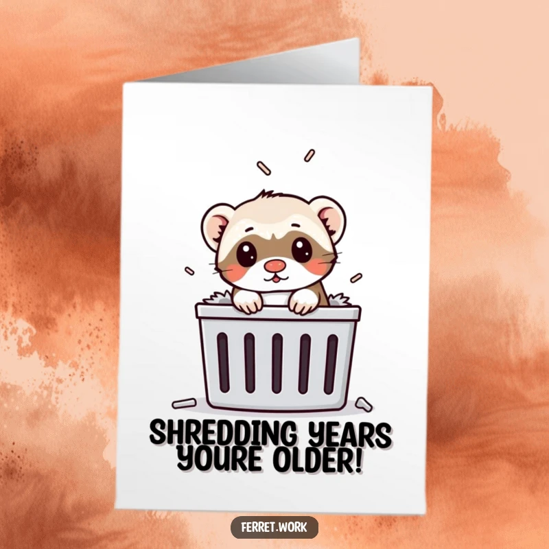 Funny Free Printable Birthday Card: A ferret peeking out of a paper shredder, symbolizing chaotic birthday fun.