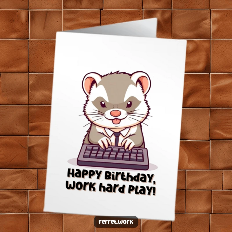 Funny Free Printable Birthday Card: Kawaii office ferret typing intensely on a tiny keyboard, determined to meet deadlines.
