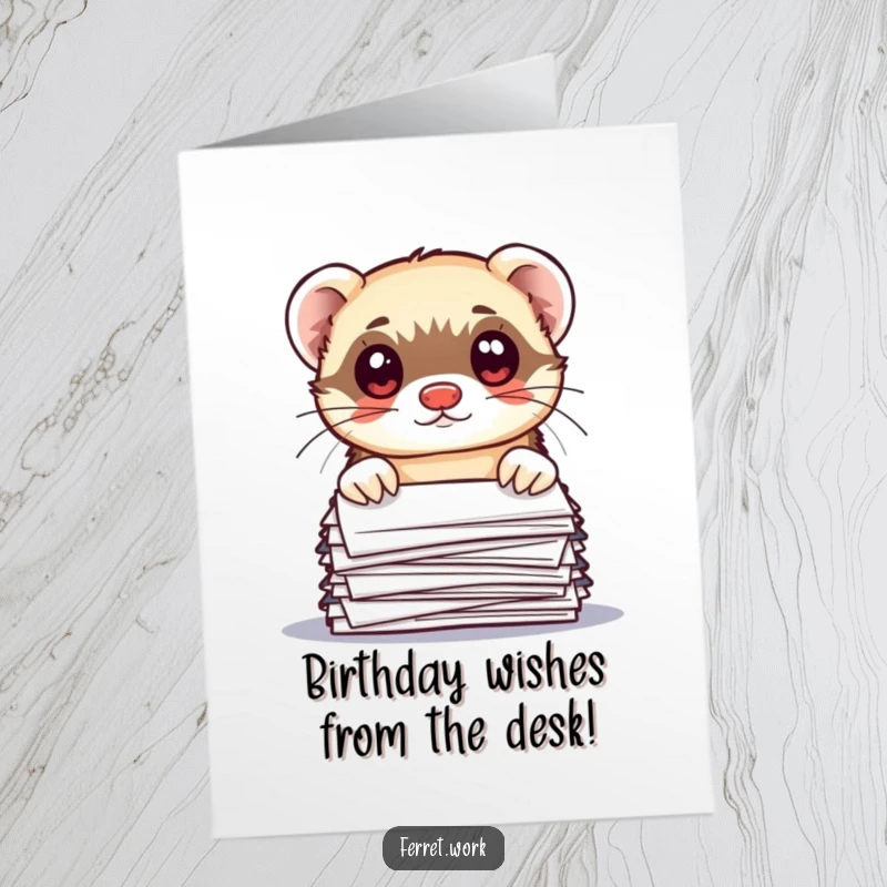 Funny Free Printable Birthday Card: Kawaii office ferret peeking over a tall messy stack of papers with wide, startled eyes.