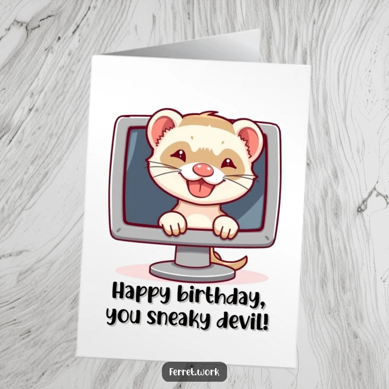 Funny Free Printable Birthday Card: A mischievous ferret grins widely while peeking from behind a computer monitor.