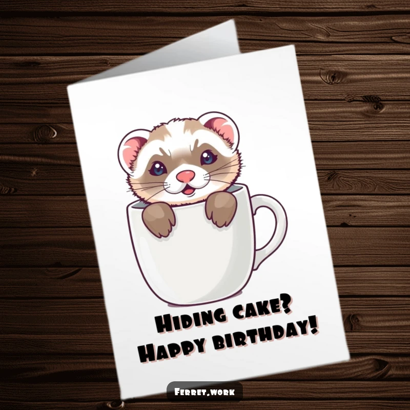 Funny Free Printable Birthday Card: A ferret playfully hides inside a coffee mug, only its ears peeking out.