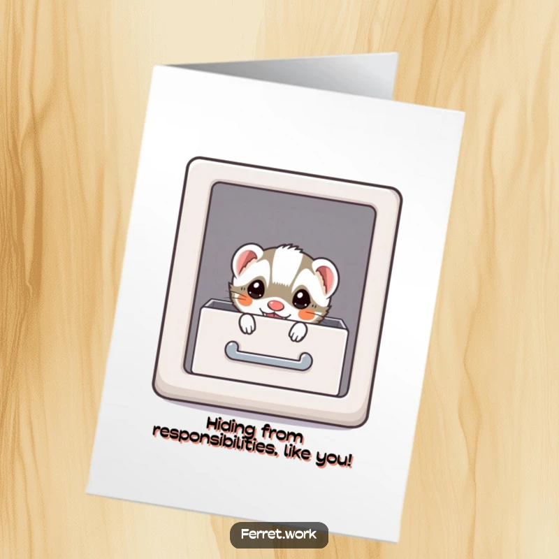 Funny Free Printable Birthday Card: Mischievous kawaii office ferret peeking out from a file cabinet drawer, ready to play.