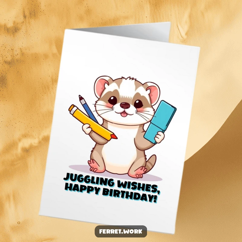 Funny Free Printable Birthday Card: A kawaii office ferret expertly juggles pens, paperclips, and a stapler with a cheerful expression.