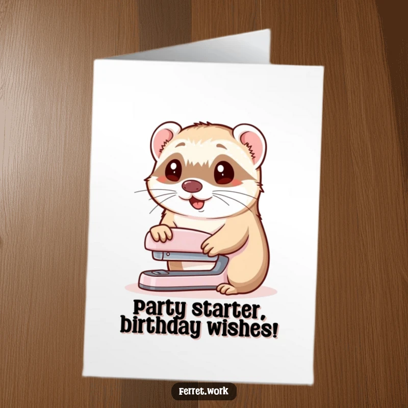 Funny Free Printable Birthday Card: A cheerful ferret happily offers a stapler with a polite nod.