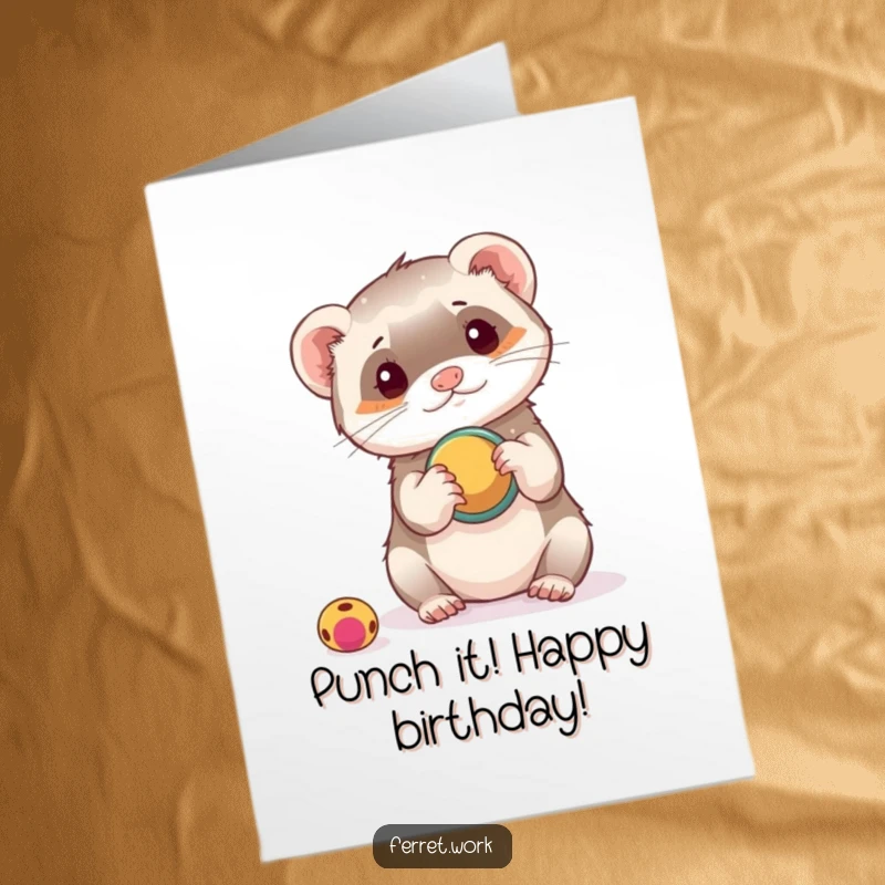 Funny Free Printable Birthday Card: A ferret playfully interacts with a hole punch, treating it as a toy.