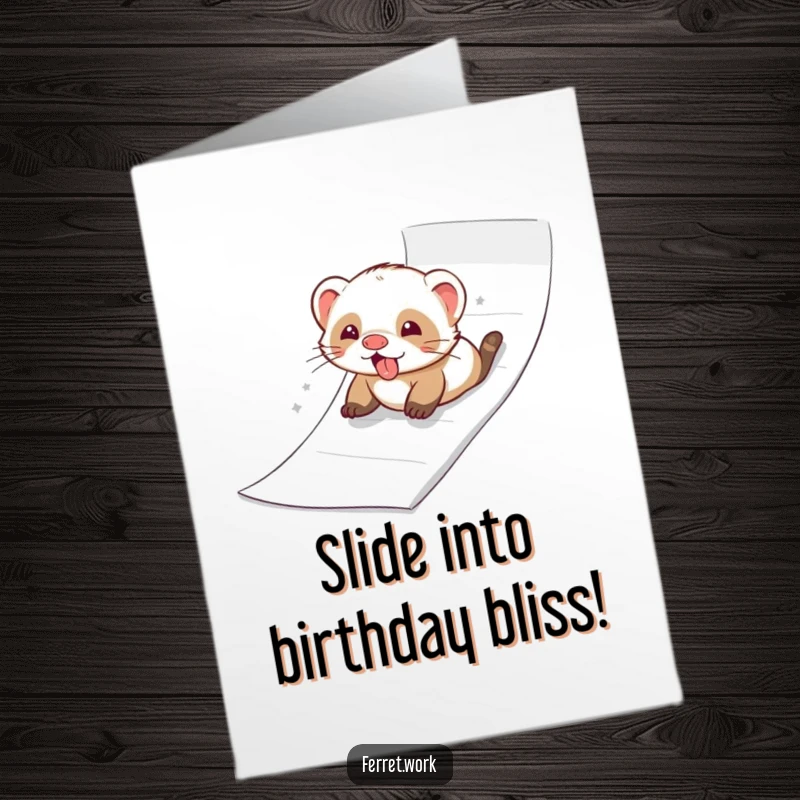 Funny Free Printable Birthday Card of a ferret joyfully sliding down a ream of paper like a slide, a hilarious celebration.