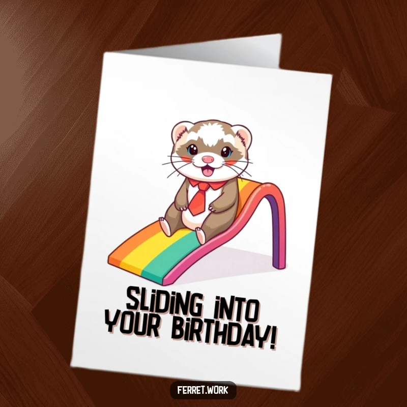 Funny Free Printable Birthday Card: A ferret in a tie slides down a rainbow with glee, bringing birthday cheer.