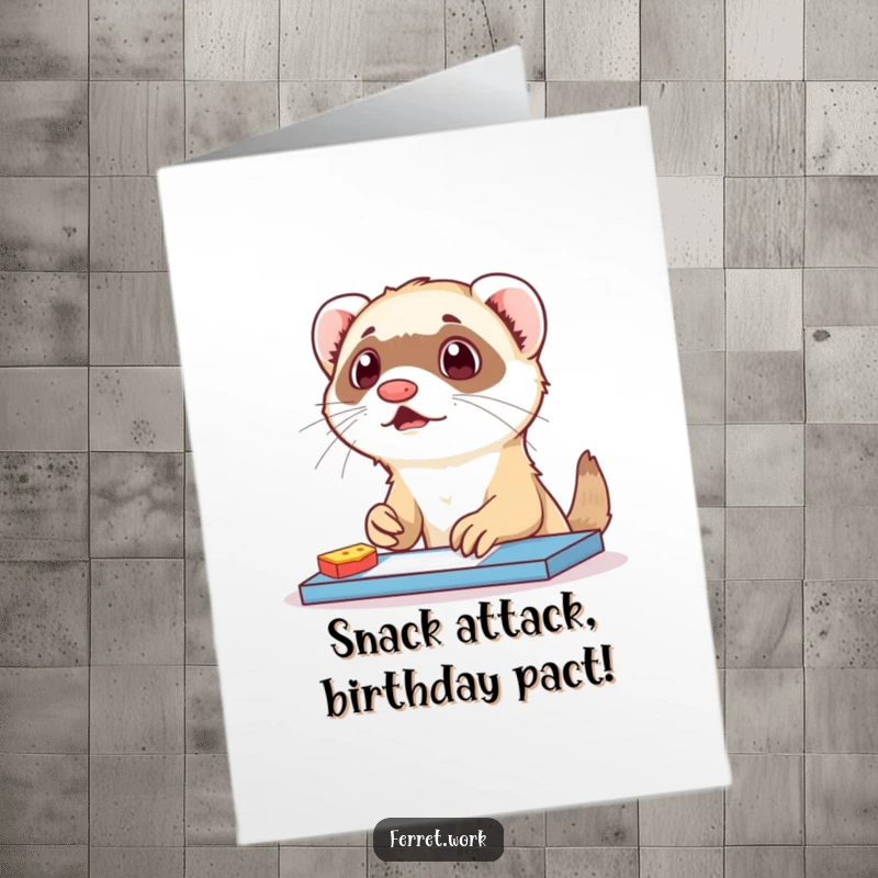 Funny Free Printable Birthday Card showing a ferret with a comically surprised expression, caught mid-snack at a messy desk.