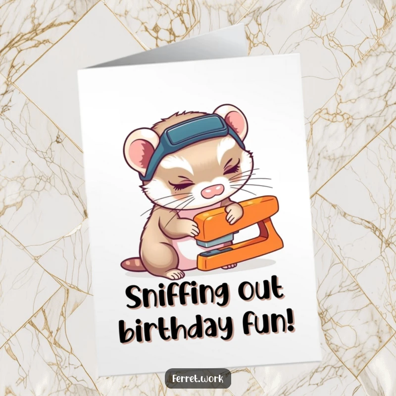 Funny Free Printable Birthday Card of a ferret wearing a headlamp curiously sniffing a stapler, a humorous investigative greeting.