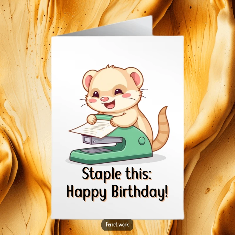 Funny Free Printable Birthday Card: Kawaii office ferret joyfully operating a comically oversized stapler on a stack of papers.