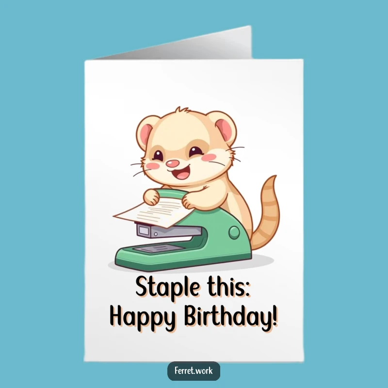 Free Printable Birthday Card: Kawaii Ferret Stapler King - Funny Downloadable Gift