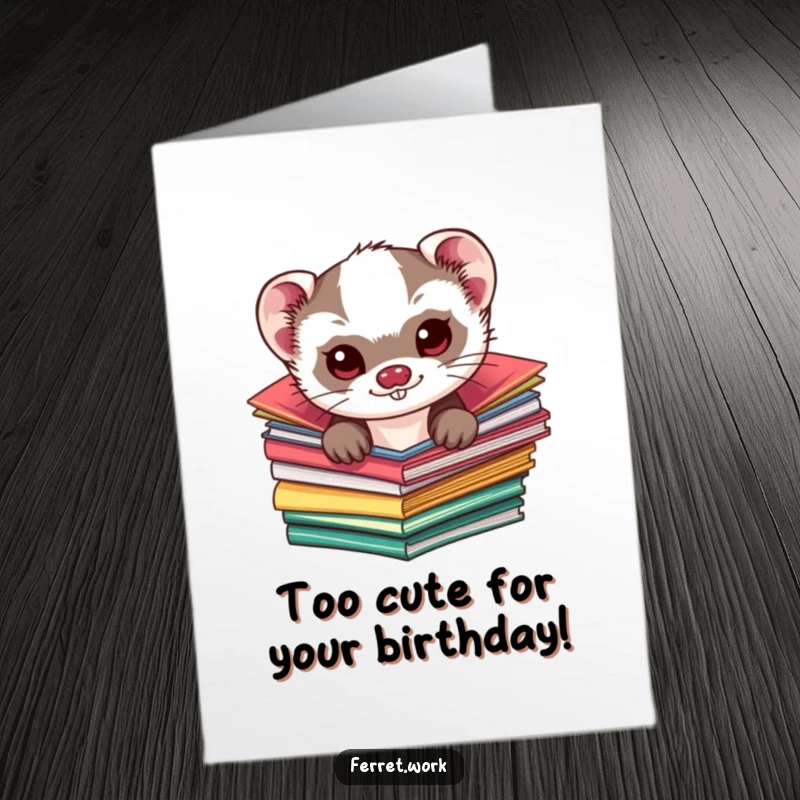 Funny Free Printable Birthday Card: A kawaii ferret with a mischievous glint peeks from colorful folders, ready to celebrate.