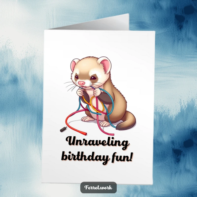 Funny Free Printable Ferret Birthday Card: A ferret playfully untangling a colorful mess of wires, celebrating a birthday. Chaotic downloadable fun.