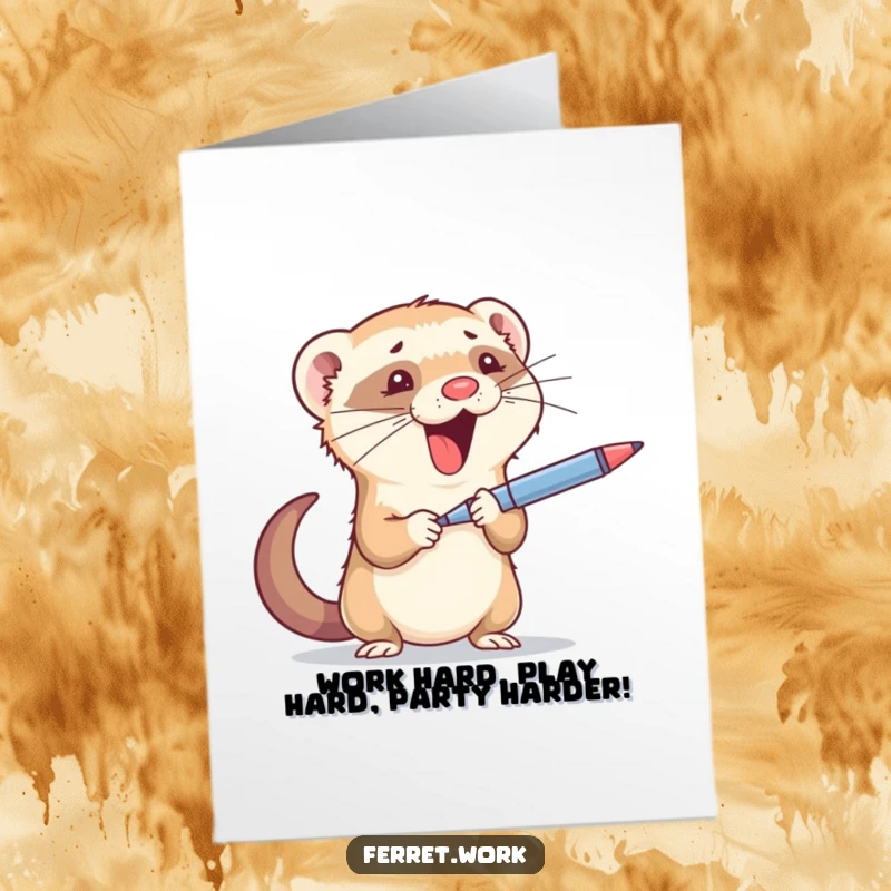 Funny Free Printable Birthday Card: A busy ferret expertly juggles a pen and stapler, embodying office chaos with a smile.