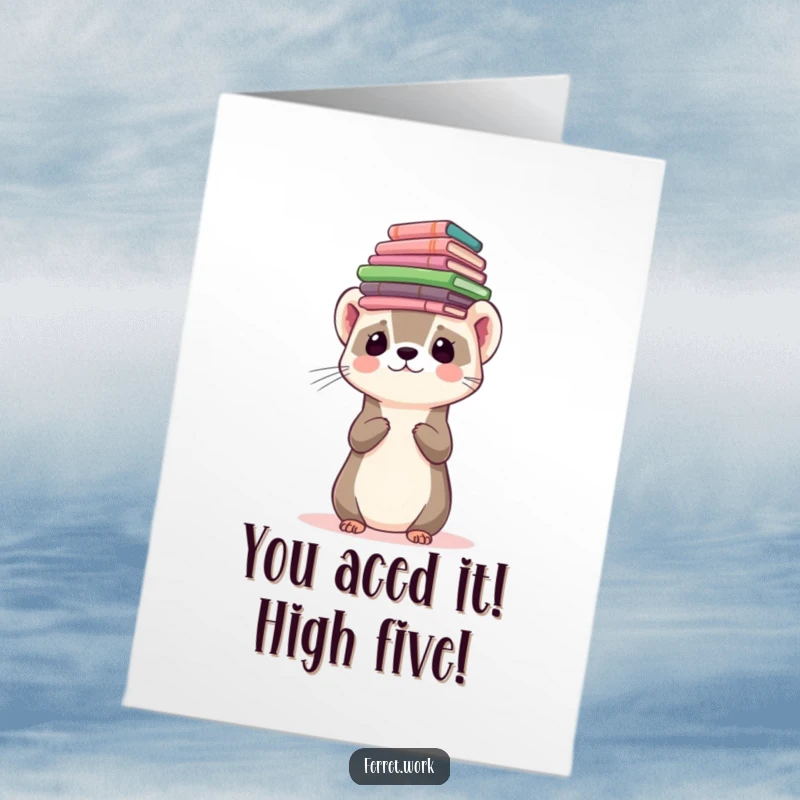 Funny Free Printable Congrats Card: A ferret character balancing a wobbly stack of papers and forms on its head.
