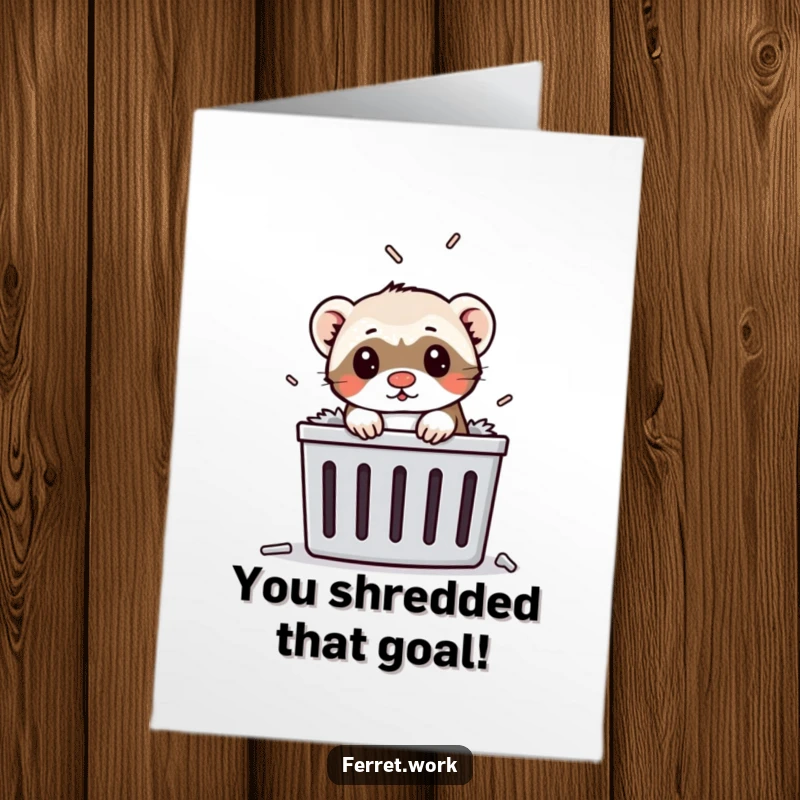 Funny Free Printable Congrats Card: A ferret popping its head out of a paper shredder, signifying overcoming obstacles.