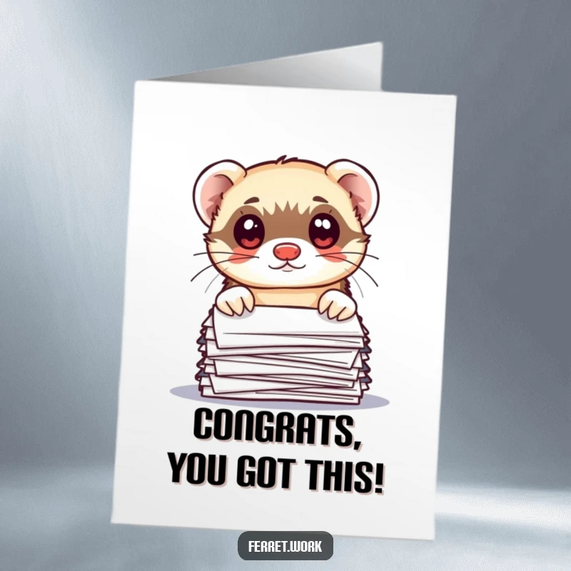 Funny Free Printable Congratulations Card: A kawaii office ferret peeking curiously over a stack of papers.