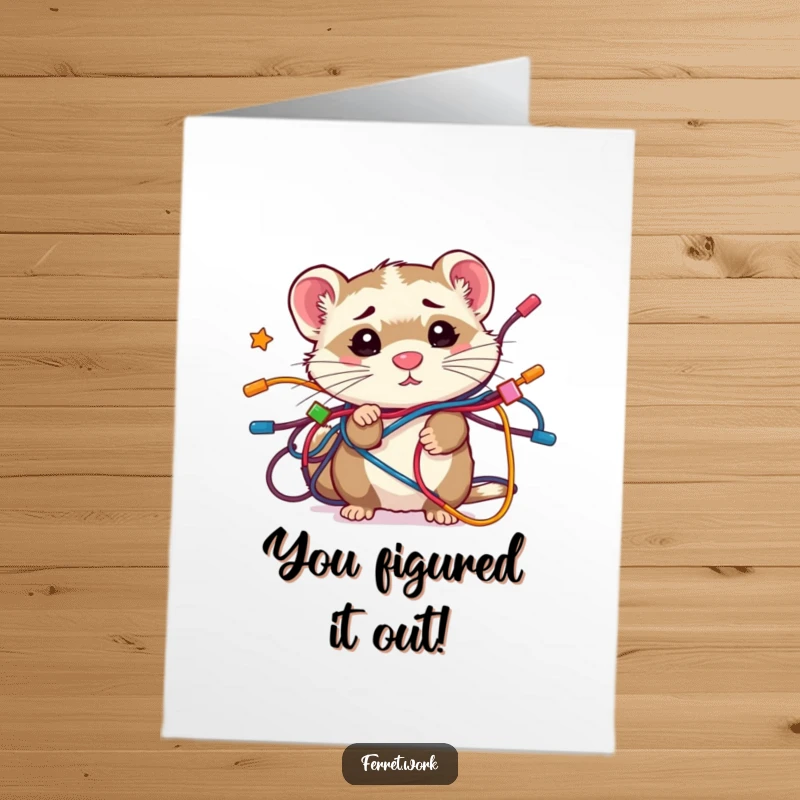 Funny Free Printable Congratulations Card featuring a kawaii office ferret hopelessly entangled in colorful wires, conveying congratulations with humor.