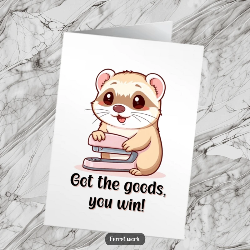 Funny Free Printable Congratulations Card: A helpful ferret cheerfully presents a stapler with a friendly nod.