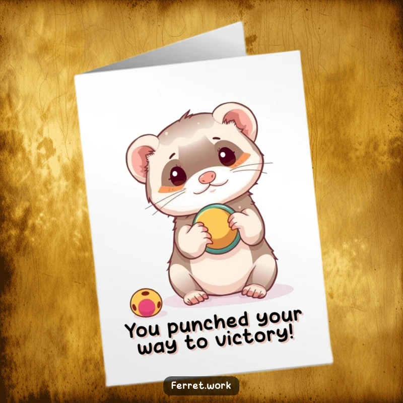Funny Free Printable Congrats Card: A ferret playfully uses a hole punch as a toy, celebrating a milestone.