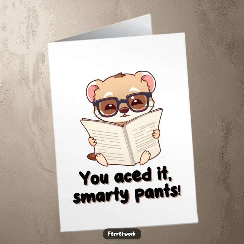 Funny Free Printable Congrats Card: A ferret wearing glasses reads a large document, looking amused at profound insights.