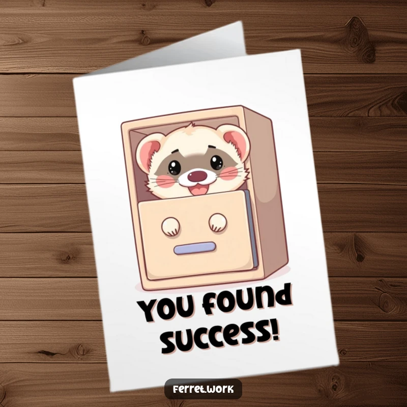 Funny Free Printable Congratulations Card: A grinning ferret peeks from a filing cabinet, celebrating a secret success.