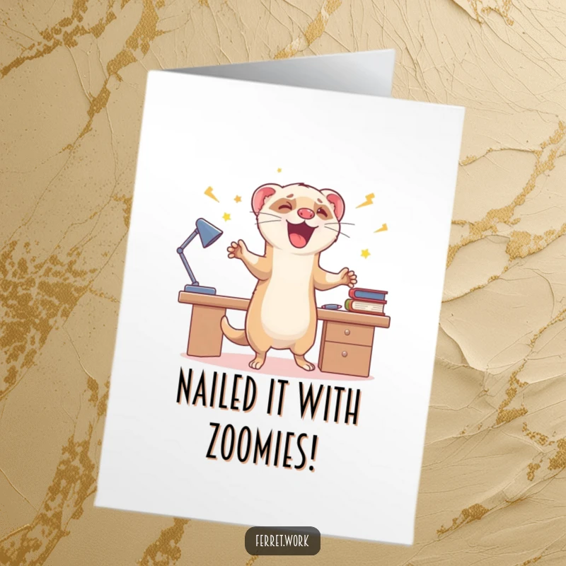 Funny Free Printable Congratulations Card: A ferret zooms around a desk in pure joy, celebrating an achievement.