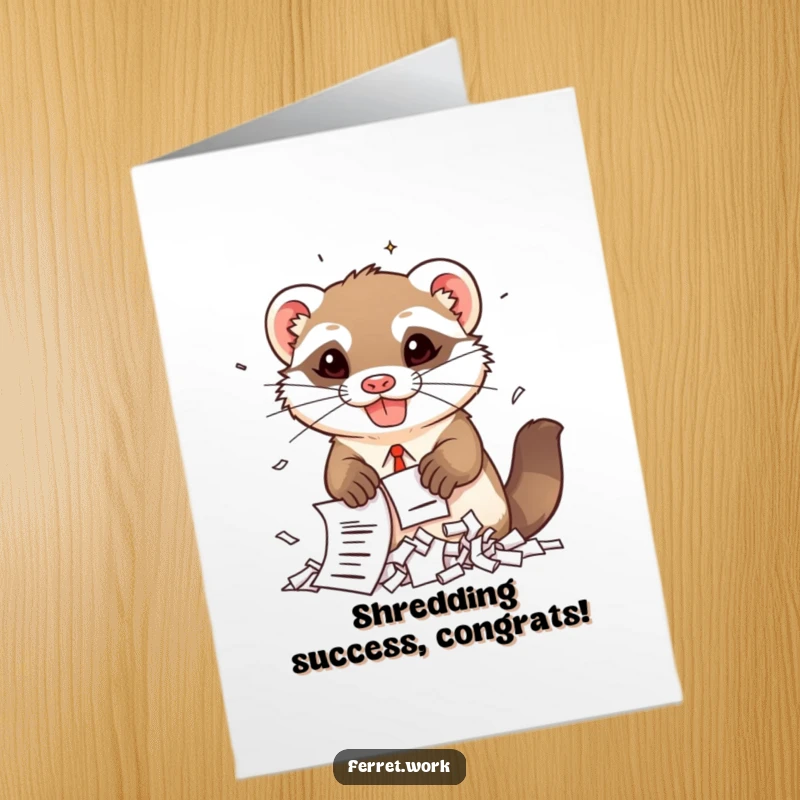 Funny Free Printable Congrats Card: A kawaii office ferret joyfully shreds papers with a mischievous grin, celebrating an achievement.