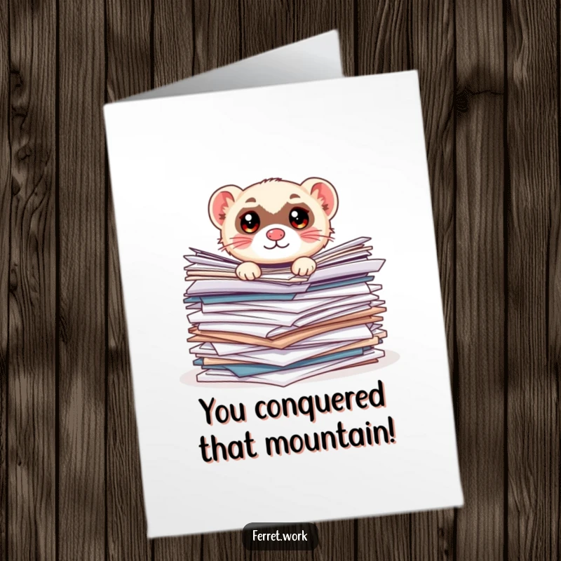Funny Free Printable Congratulations Card: Kawaii office ferret buried in paperwork, eyes wide with a mix of panic and relief.