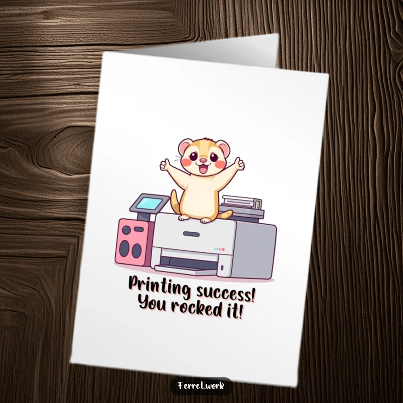 Funny Free Printable Congratulations Card: Kawaii office ferret performing a silly victory dance atop a printer, beaming with accomplishment.