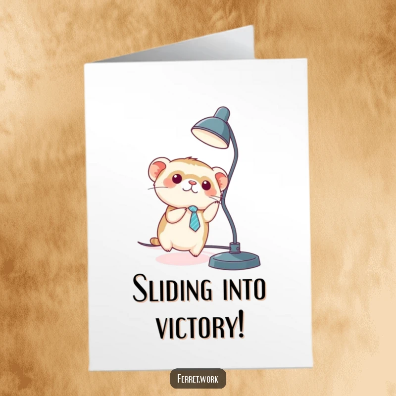 Funny Free Printable Congrats Card: A stylish kawaii office ferret slides down a desk lamp cord, celebrating success.