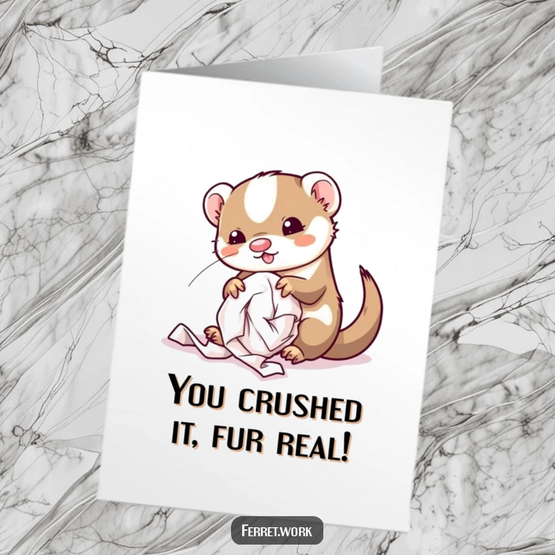 Funny Free Printable Congrats Card: Kawaii office ferret amidst a paper mess, celebrating a milestone with mischief.