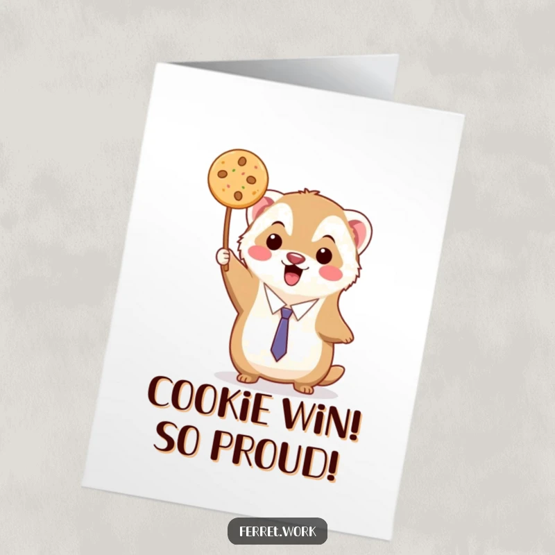 Funny Free Printable Congrats Card: A kawaii office ferret proudly holds a delicious cookie, celebrating a sweet win.