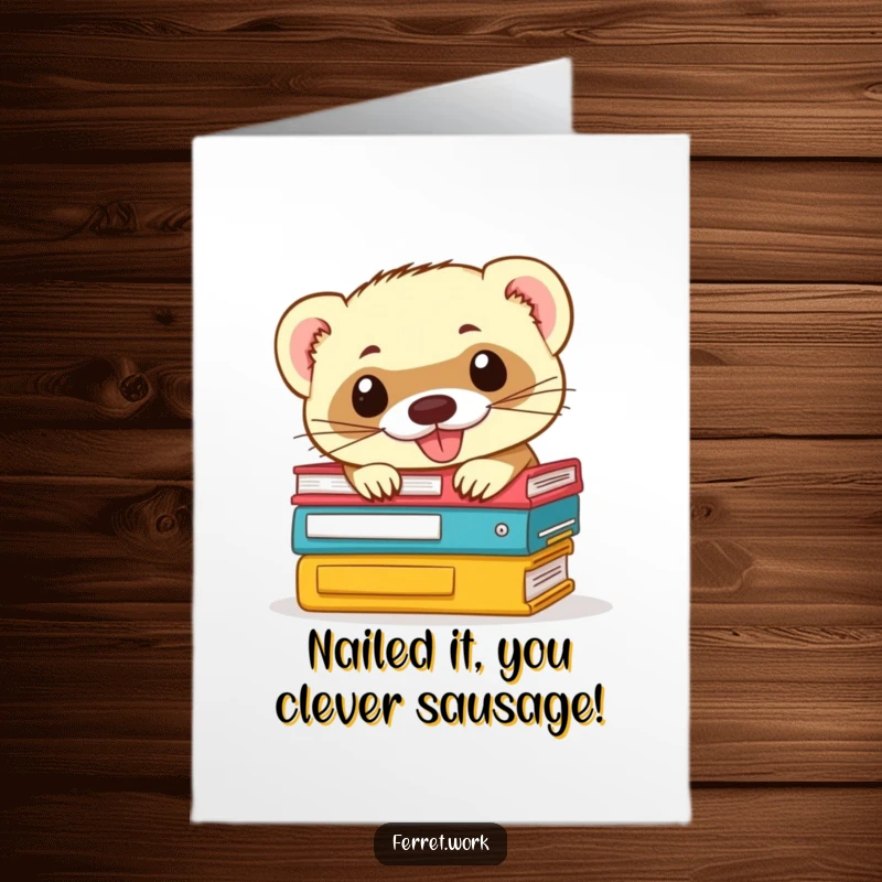 Funny Free Printable Congratulations Card: A ferret grins mischievously while peeking out from a pile of office files.