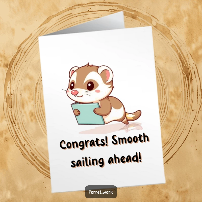 Funny Free Printable Congratulations Card: Energetic kawaii office ferret sliding quickly on a file folder across a shiny floor.