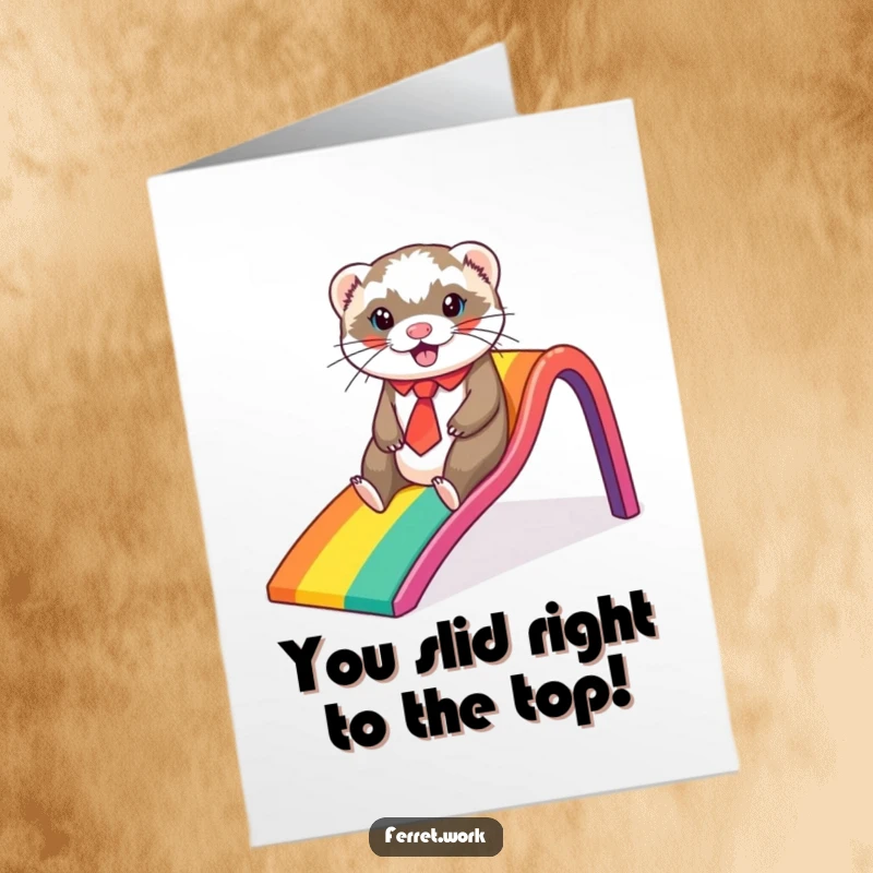 Funny Free Printable Congratulations Card: A ferret wearing a tie slides gleefully down a rainbow, celebrating a great accomplishment.