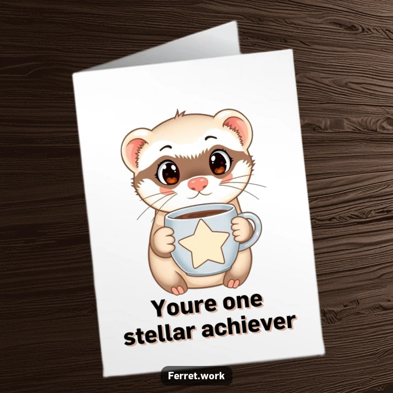 Funny Free Printable Congrats Card: Ferret with star coffee mug, eyes wide with curiosity, celebrating success with a warm brew.