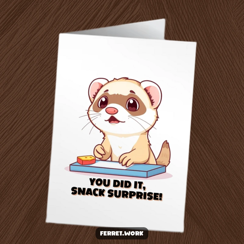 Funny Free Printable Congratulations Card featuring a startled ferret, eyes wide, caught red-pawed with snacks near a desk.