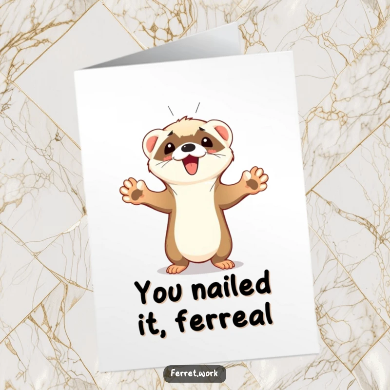 Funny Free Printable Congrats Card: Cute ferret with paws in the air, squeaking triumphantly after scoring a major goal.