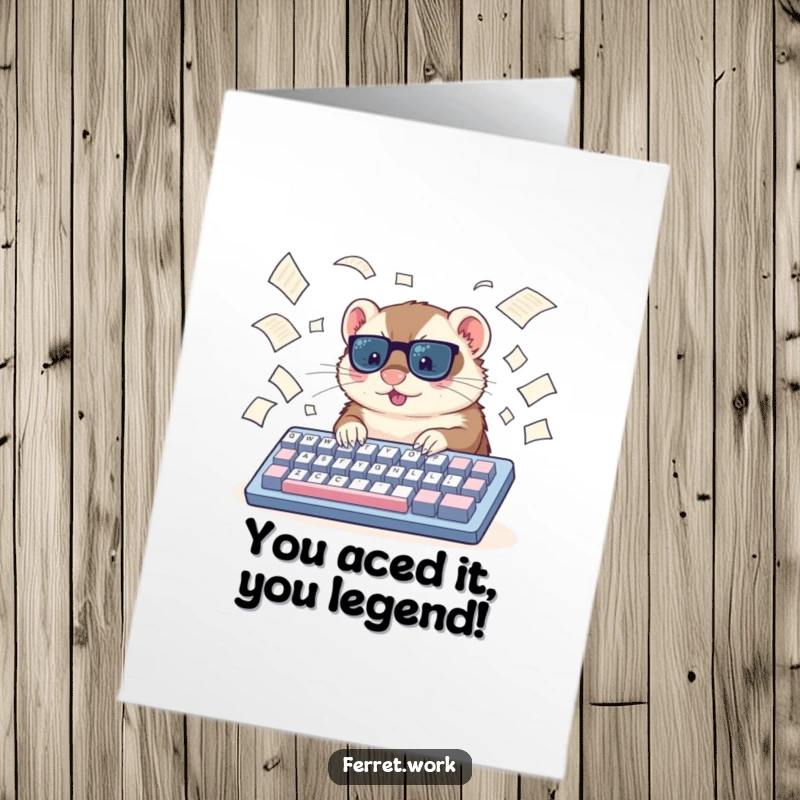 Funny Free Printable Congratulations Card: A ferret intensely types on a large keyboard amidst floating papers, celebrating a big win.