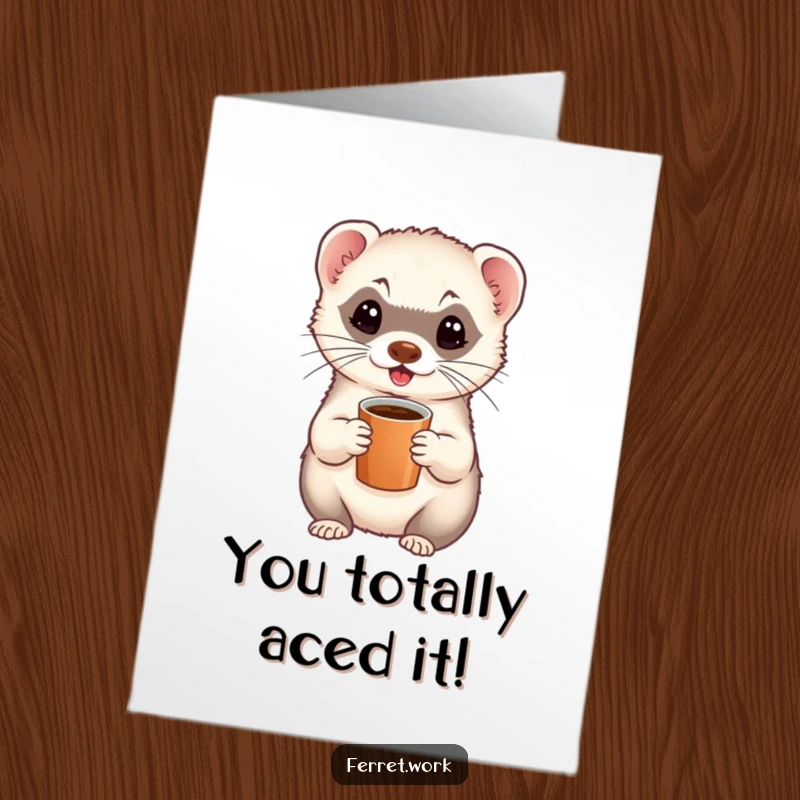 Funny Free Printable Congratulations Card: An energetic ferret holding a tiny coffee cup, ready to celebrate your awesome achievement.