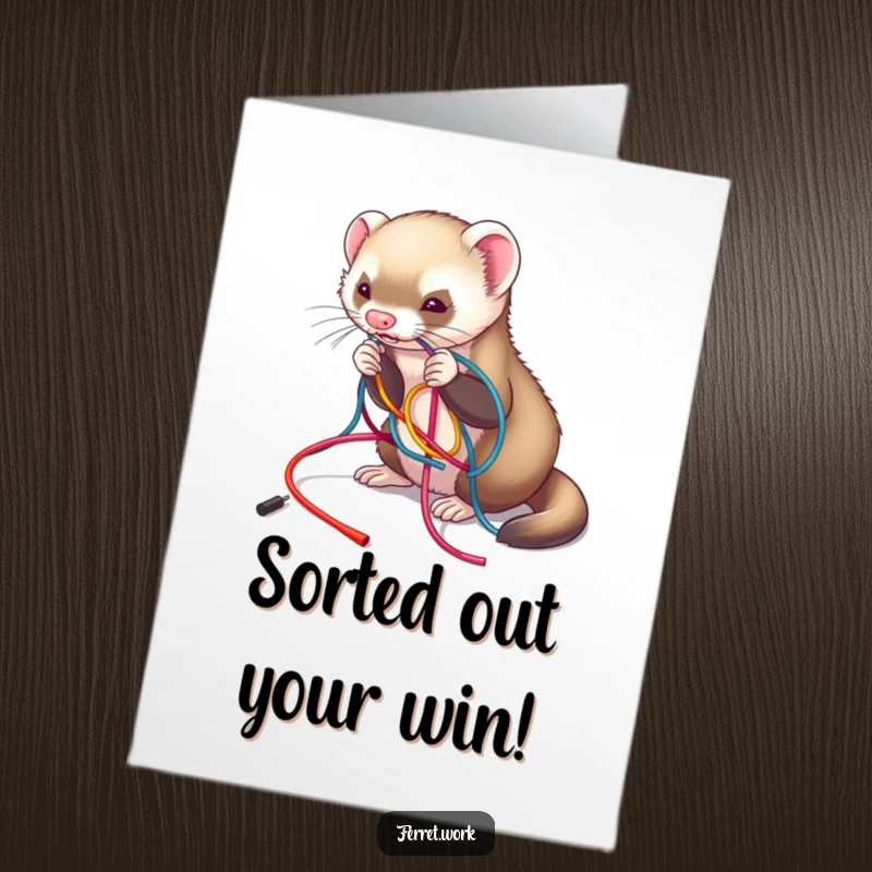 Funny Free Printable Ferret Congratulations Card: A ferret playfully untangling a chaotic mess of colorful wires, celebrating success. A quirky downloadable.