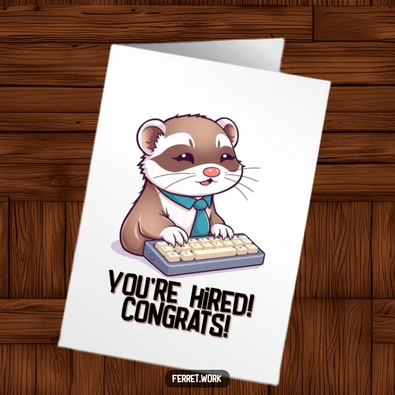 Funny Free Printable Congratulations Card: Ferret wearing a tie, typing rapidly on a keyboard like a professional.