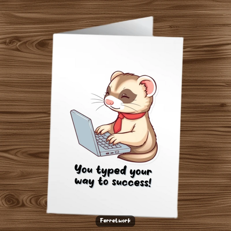 Funny Free Printable Congratulations Card featuring a cute ferret in a tie typing on a laptop, celebrating success with humor.