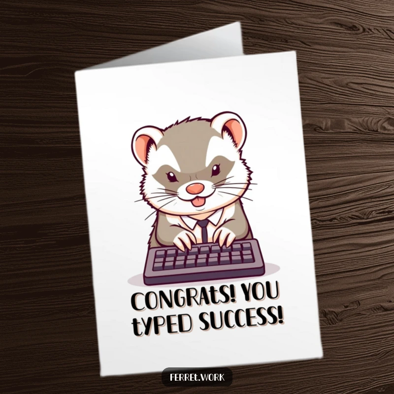 Funny Free Printable Congratulations Card: A kawaii office ferret furiously typing on a miniature keyboard with intense focus.