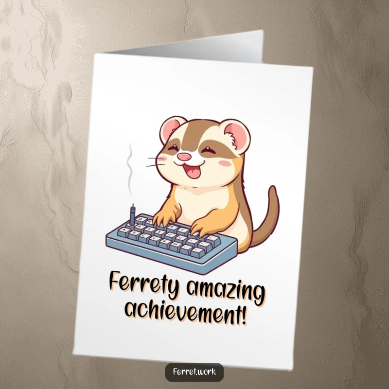 Funny Free Printable Office Ferret Congrats Card: Adorable ferret typing on a smoking keyboard, celebrating achievements.